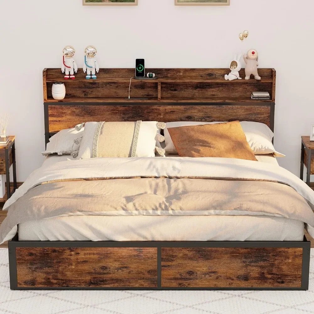 Full size bed frame, bookshelf headboard with charging station, mattress base/no spring, anti slip and no noise, bed frame