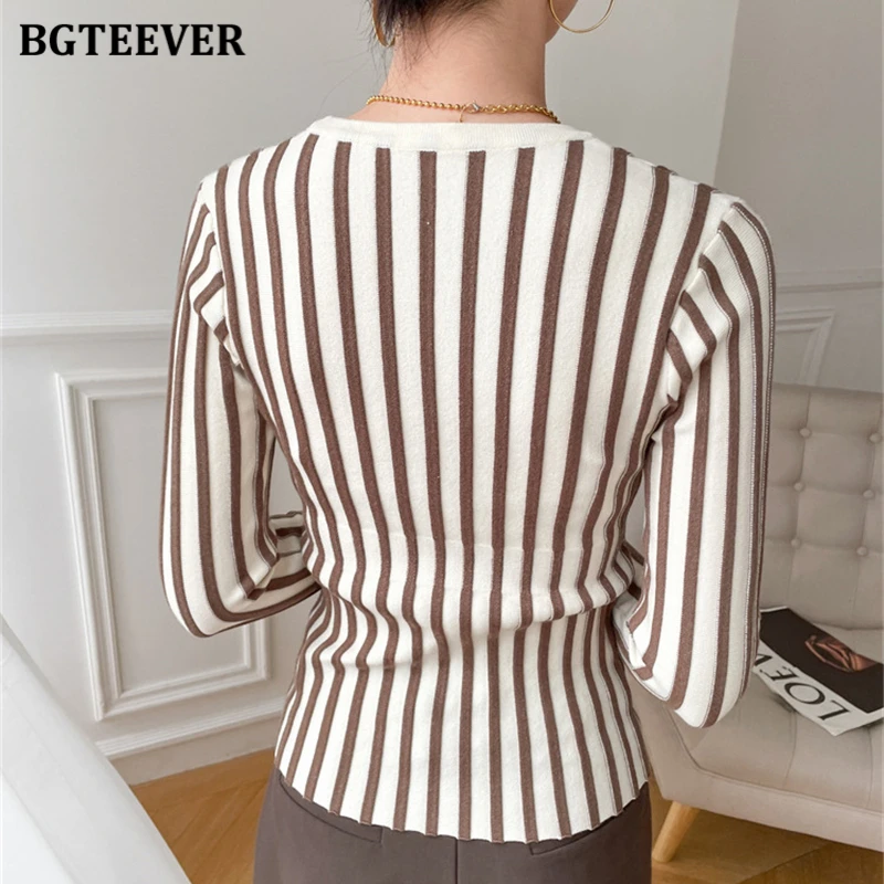 BGTEEVER Autumn Winter V-neck Long Sleeve Women Striped Knitted Cardigan Tops Stylish Slim Ladies Single-breasted Sweaters