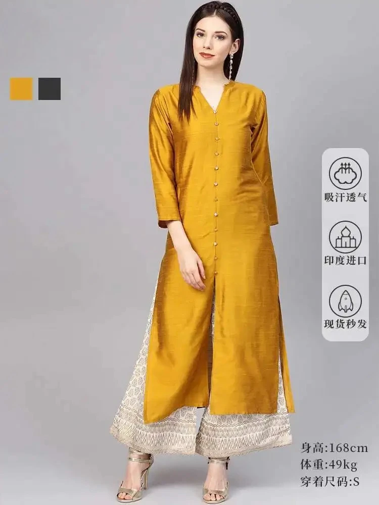 Pakaian Tradisional India Atasan Gaya Etnik Wanita Kain Sutra Panjang Sedang Musim Semi Musim Panas Baru Kuning Hitam Tersedia