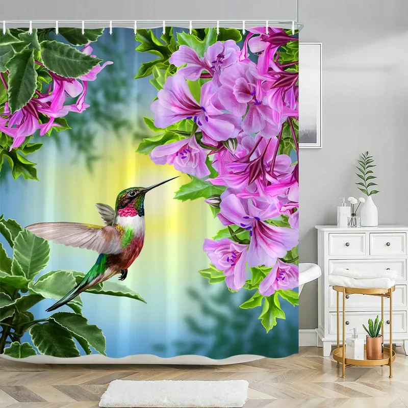 Hummingbird floral shower curtain watercolor Bird Flower home bathroom decor polyester fabric bathroom curtain set hook washable