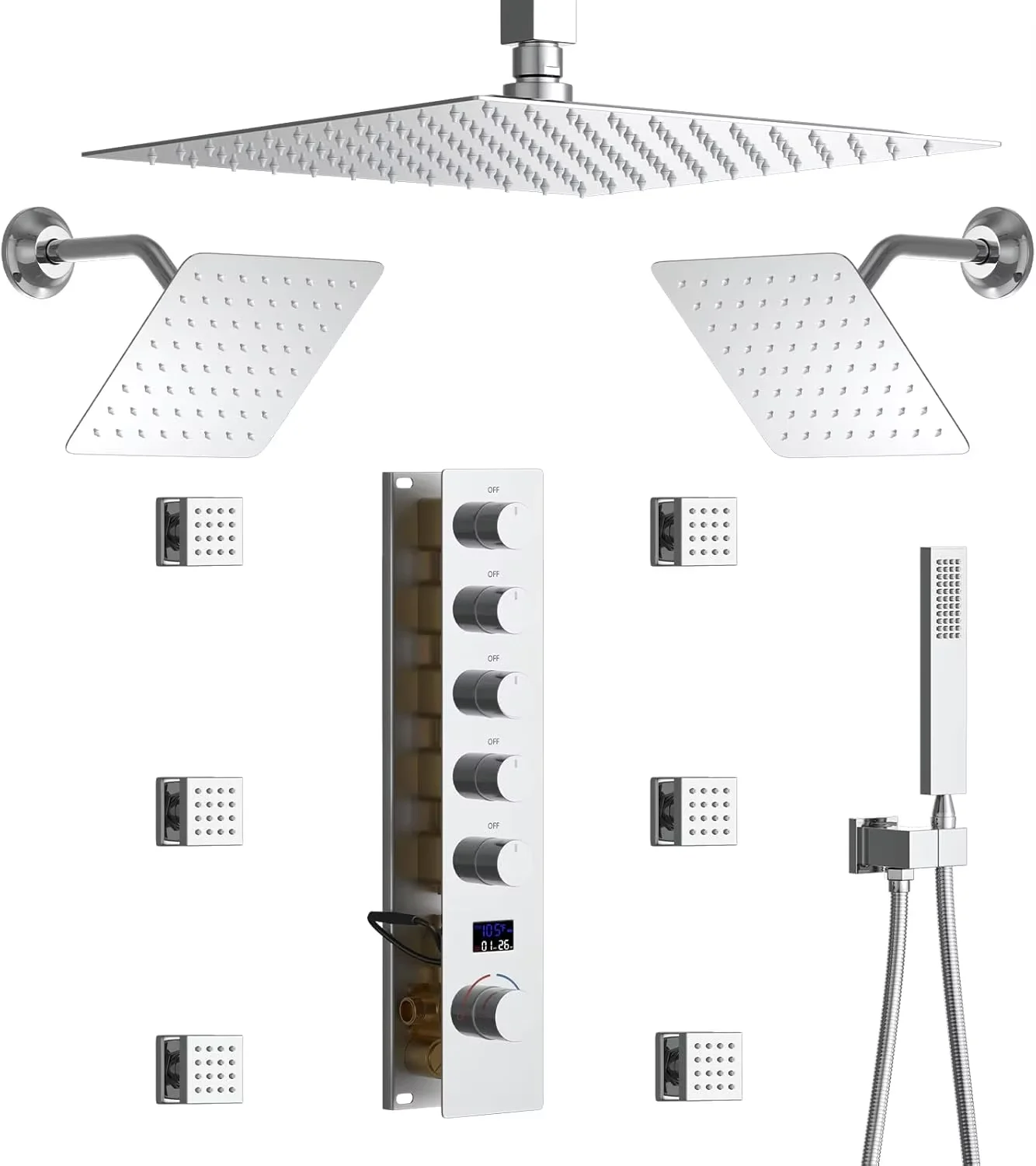 Bathroom Shower Set System Rainfall Head Thermostatic Shower Head Brushed Finish Modern Design Wall Mount Hotel Use Rectangle