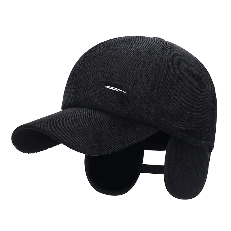 Plus Big Size Warm Stripes Velvet Cotton Men Cap Winter middle-aged Elderly Outdoor Cold Thickened Baseball Cap Men Hat With Ear