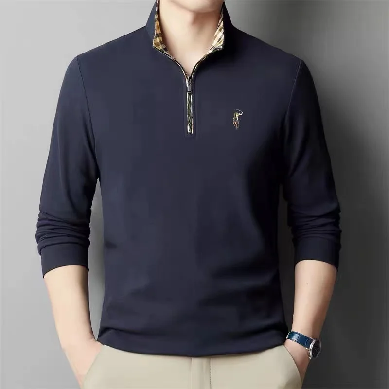 

100% pure cotton men's long sleeved Polo shirt 2024 spring high-end luxury brand fashion lapel exquisite embroidered T-shirt