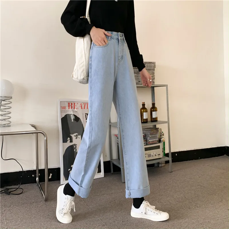 جينز نسائي عالي الخصر وواسع الساق فضفاض مناسب للصيف الجديد جينز عالي الخصر بالإضافة إلى حجم السراويل الطويلة المستقيمة