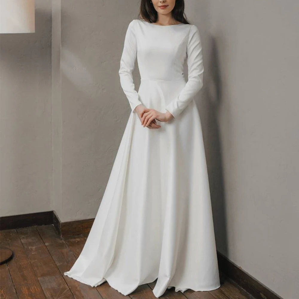 

Simple Scoop Neck A-Line Wedding Dress Long Sleeve Pearls Buttons and Zipper Bridal Customized Floor Length Sweep Train Gowns