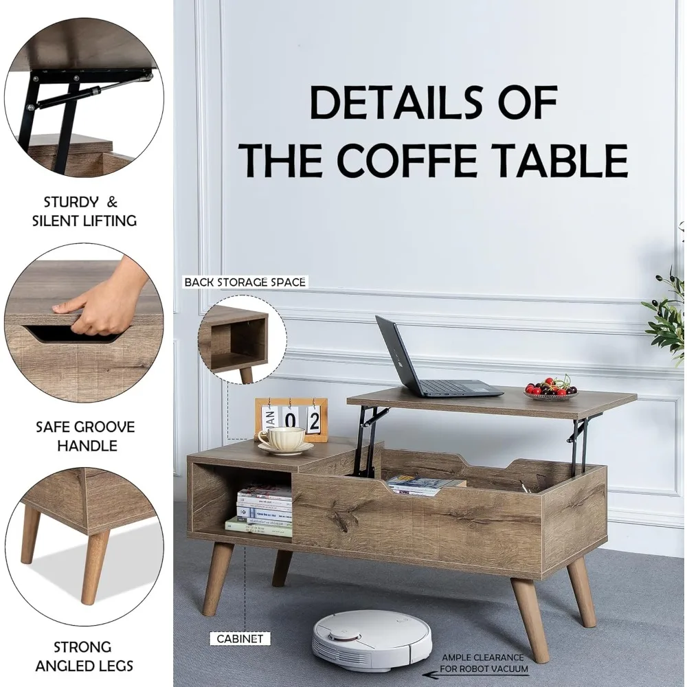 Lift-Top Coffee Table with Hidden Storage and 2 Open Cubbies, Coffee Table with Storage for Living Room, Center Table for Living
