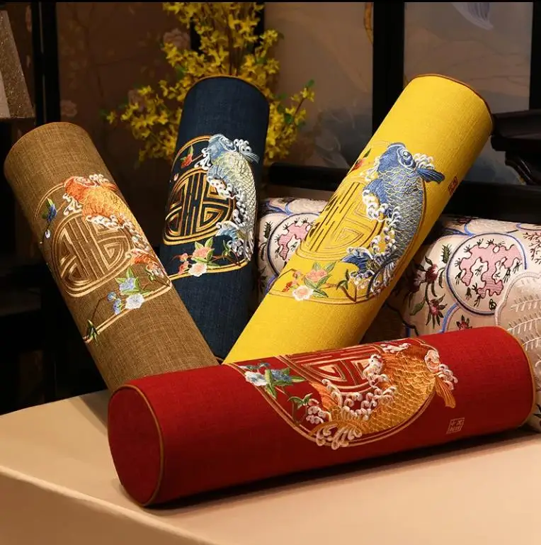 50/55/60cm Chinese ancient embroidered cylindrical cushion for mahogany sofa armrest waist pillow