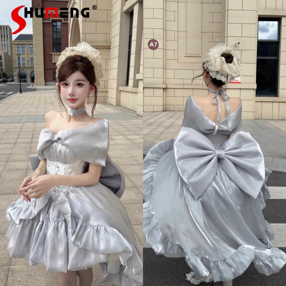 

Elegant High-end Princess Birthday Party Dresses Sleeveless 3D Bow Detachable Trailing High Waist Puffy Lolita Dress for Women