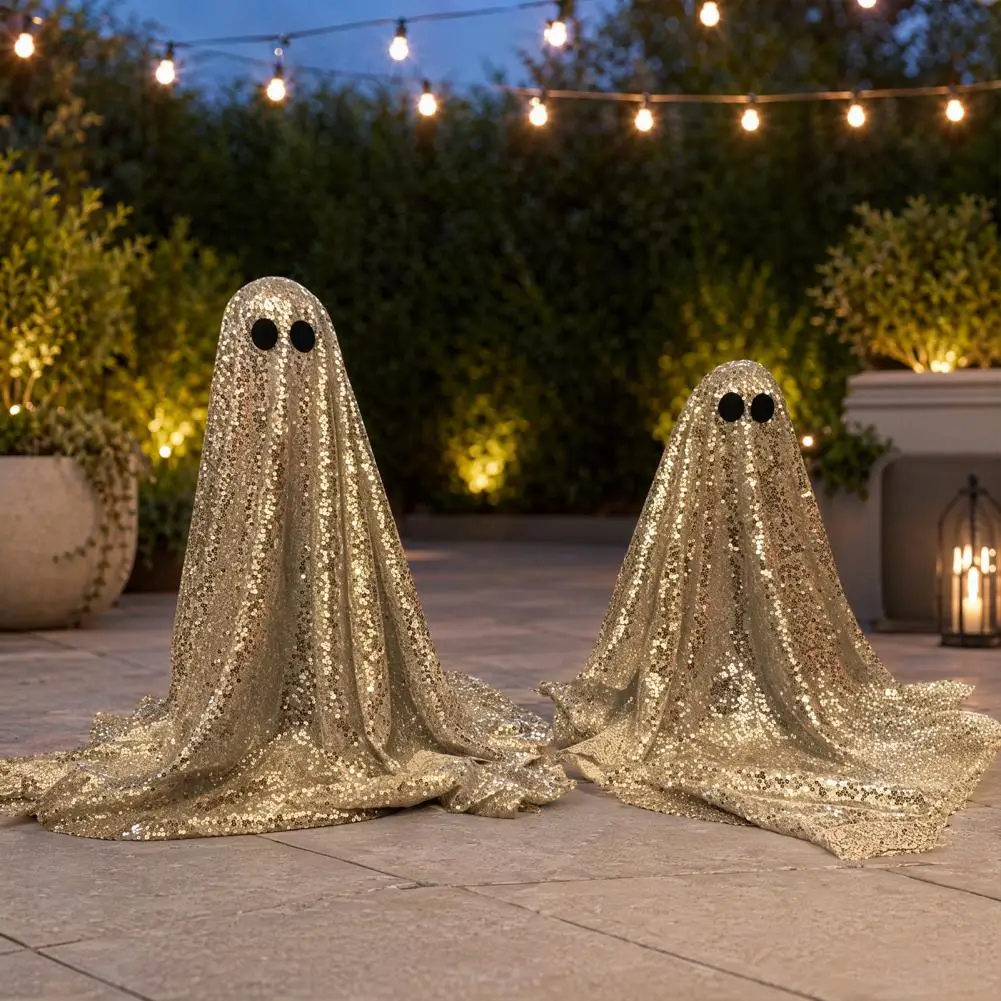 Sequin Ghost Statue Glittery Ghost Figure Halloween Ghost Decoration with Sequin Cloth Light-up Spooky Outdoor Figurine Shiny