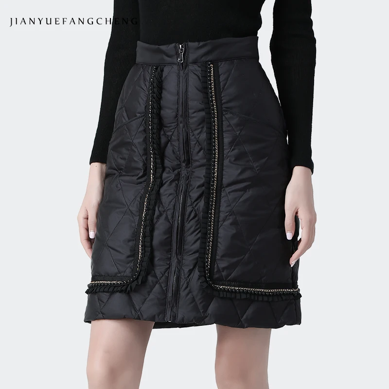 Women Winter Above-knee Short Skirt Warm Lightweight White Duck Down Padding Black Pencil Skirts With Patchwork Pockets