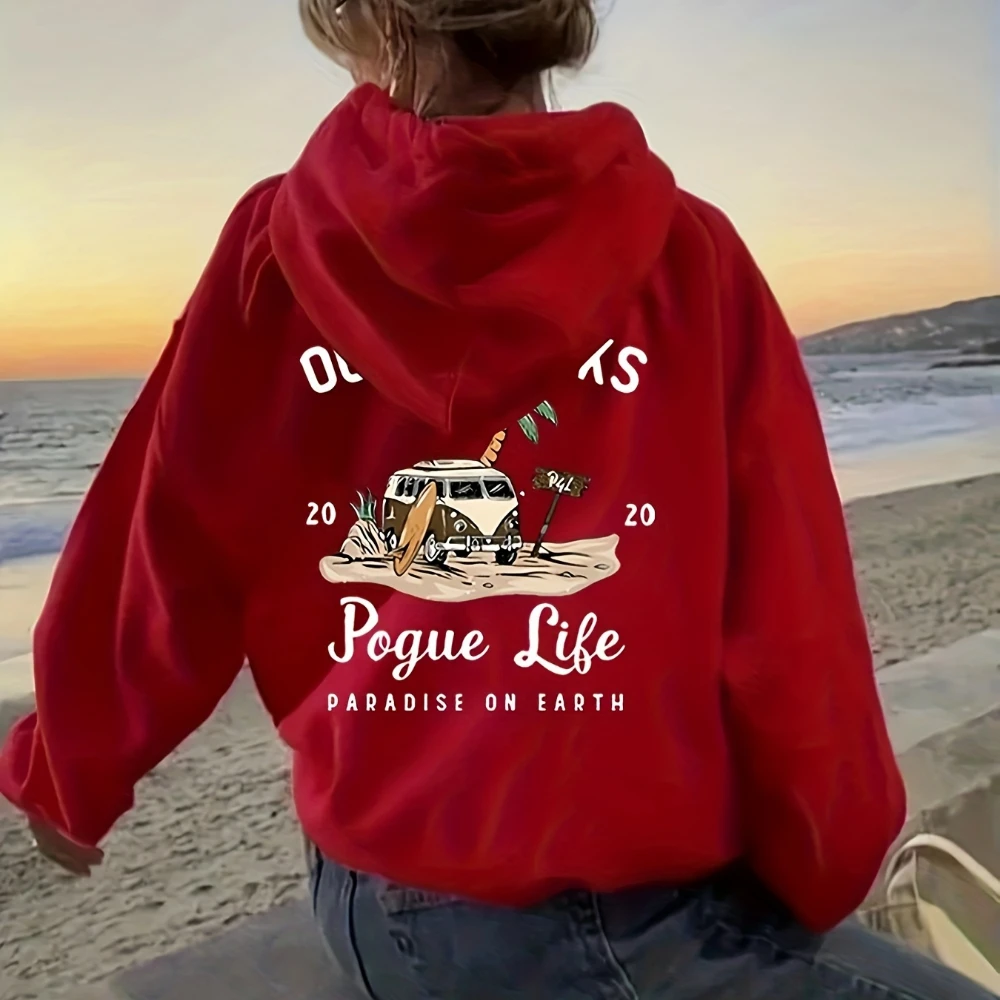 Women Cozy Pogue Life Graphic Print Hoodie Long Sleeve Casual Pocket Adjustable Drawstring Comfort Fit Sweatshirt for Daily Wear