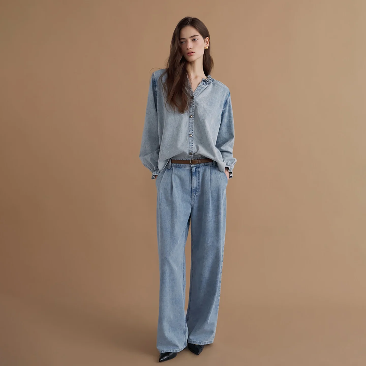 

00% комплект широких брюк из чистого хлопка с поясом, корейский Sle Commute irt, женская модная повседневная одежда с v-образным вырезом и пуговицами