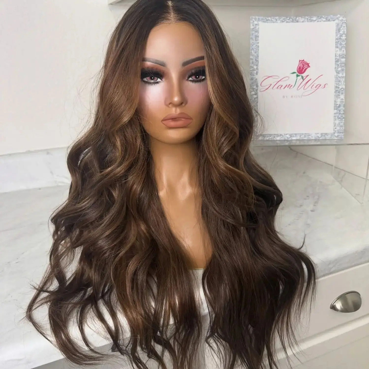 

New In 13x4 Ombre Brown with Blonde Highlights Human Hair Blend Synthetic Fiber Loose Wave Long Length Glueless Wig 180% Density