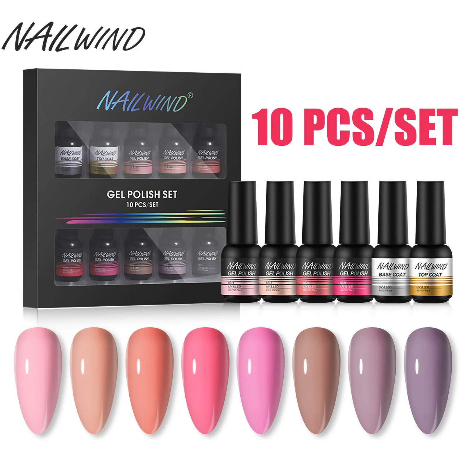 NAILWIND 10PCS Shiny Gel Nail Polish Set Vernis UV Gel Nail Art Design Semi Permanent Soak Off Base Top Coat