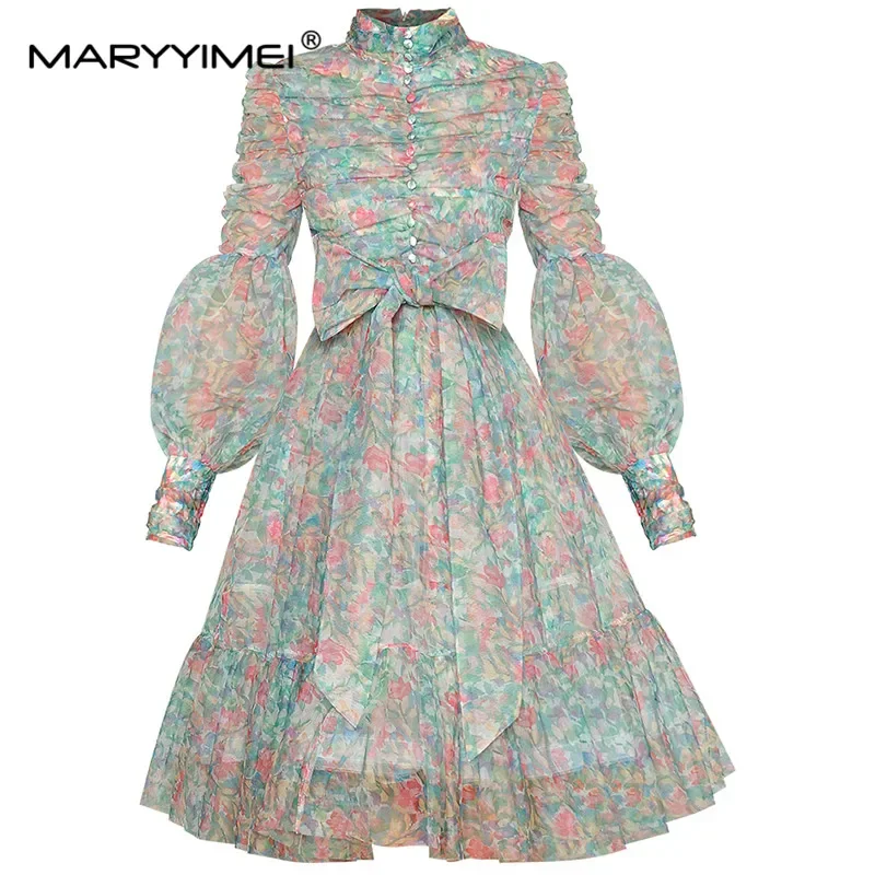 

MARYYIMEI Модное дизайнерское платье Весеннее женское платье с воротником-стойкой и рукавами-фонариками на шнуровке Сетчатое бальное платье с рюшами и принтом