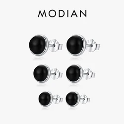 Modian Natural Black Agate Stud Earrings 925 Sterling Silver Round Daily Hypoallergenic Earring 4mm 5mm 6mm Jewelry For Women
