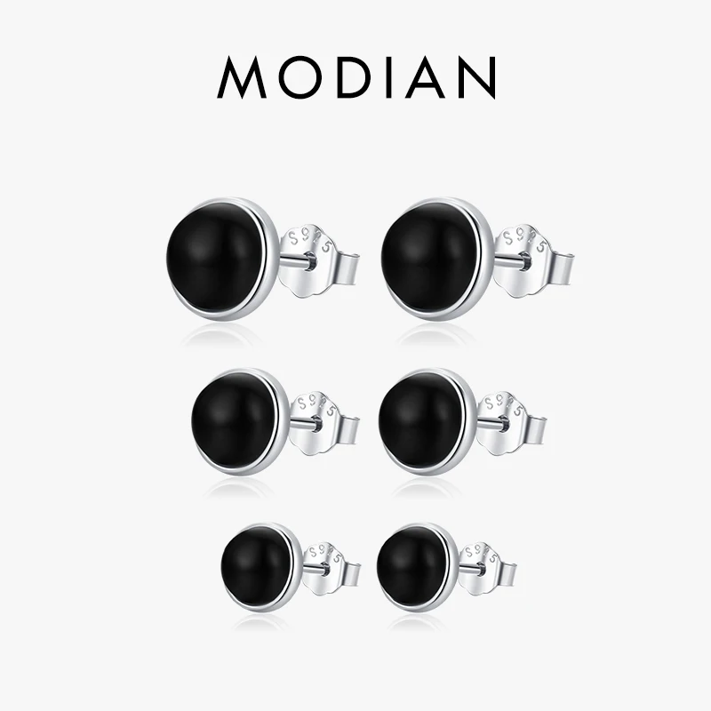Modian Natural Black Agate Kolczyki sztyfty 925 Sterling Silver Okrągłe codzienne hipoalergiczne kolczyki 4mm 5mm 6mm Biżuteria dla kobiet