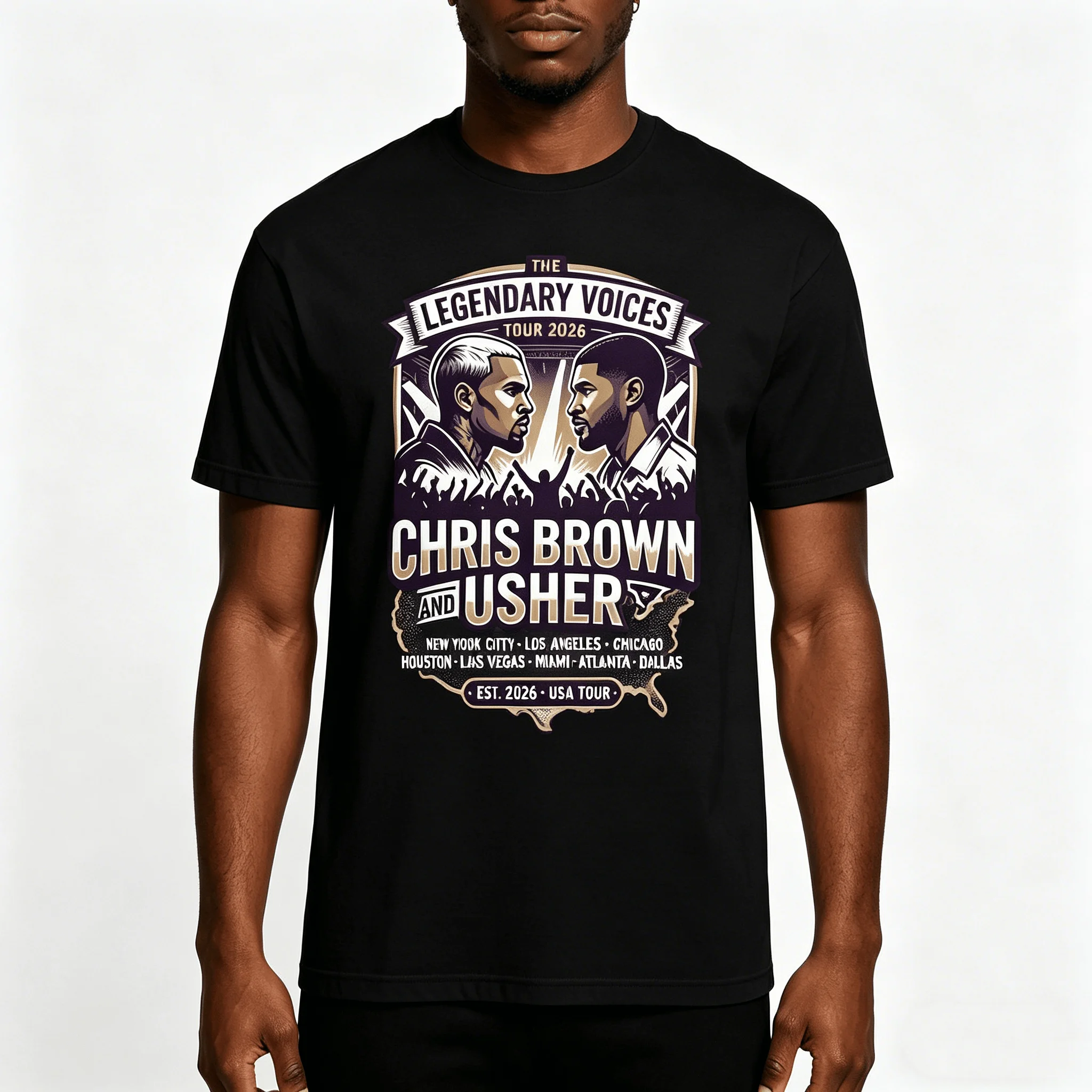 Camiseta Unisex Raymond & Brown Chris Brown y Usher R&B 2026 Tour, 100% Algodón, Manga Corta, Estilo Y2K, Prenda Popular de Moda Urbana