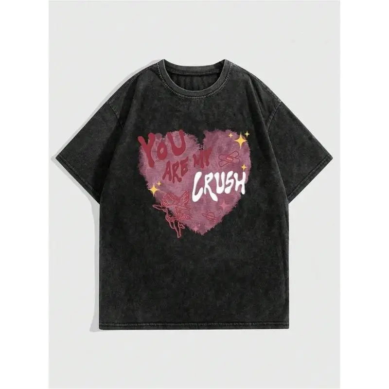 

You Are My Crush" Graphic T-shirt,Oversized Vintage Washed Heart Print Tee,Y2K Streetwear Loose Fit Couple Top for Men and Women