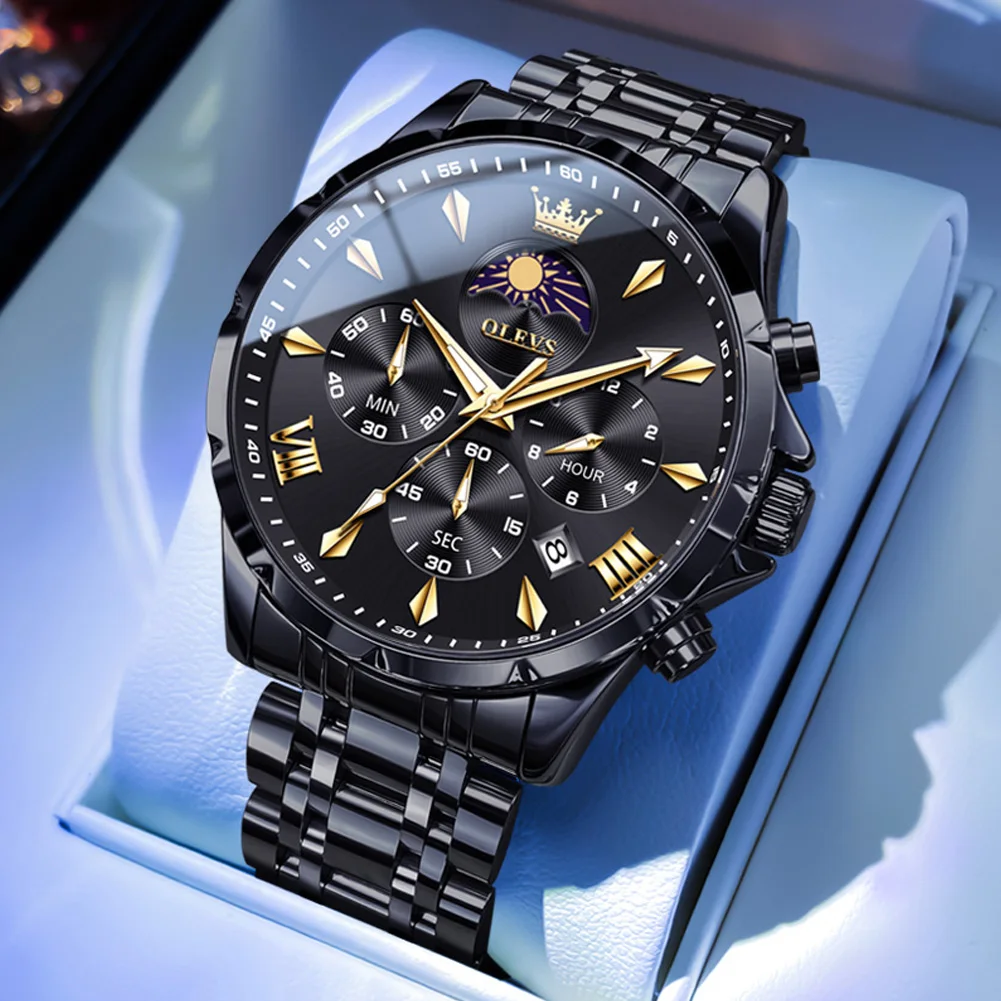 

OLEVS Fashion Men's Watches Business Original Quartz Watch for Man Waterproof Steel Luminous Moon Phase Date Chronograph Reloj