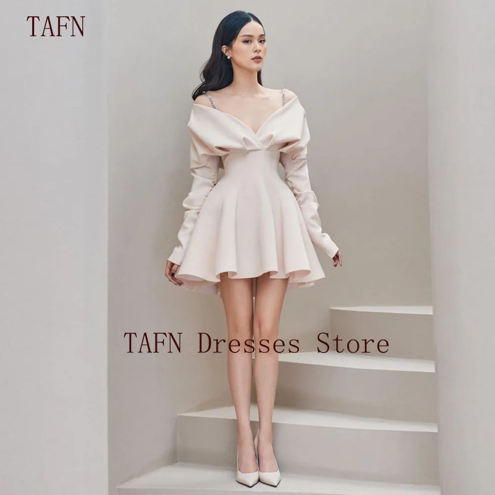 

TAFN Short Prom Dresses Spaghetti Straps Off the Shoulder Long Sleeves A-line Draped Evening Party Dresses Custom Made