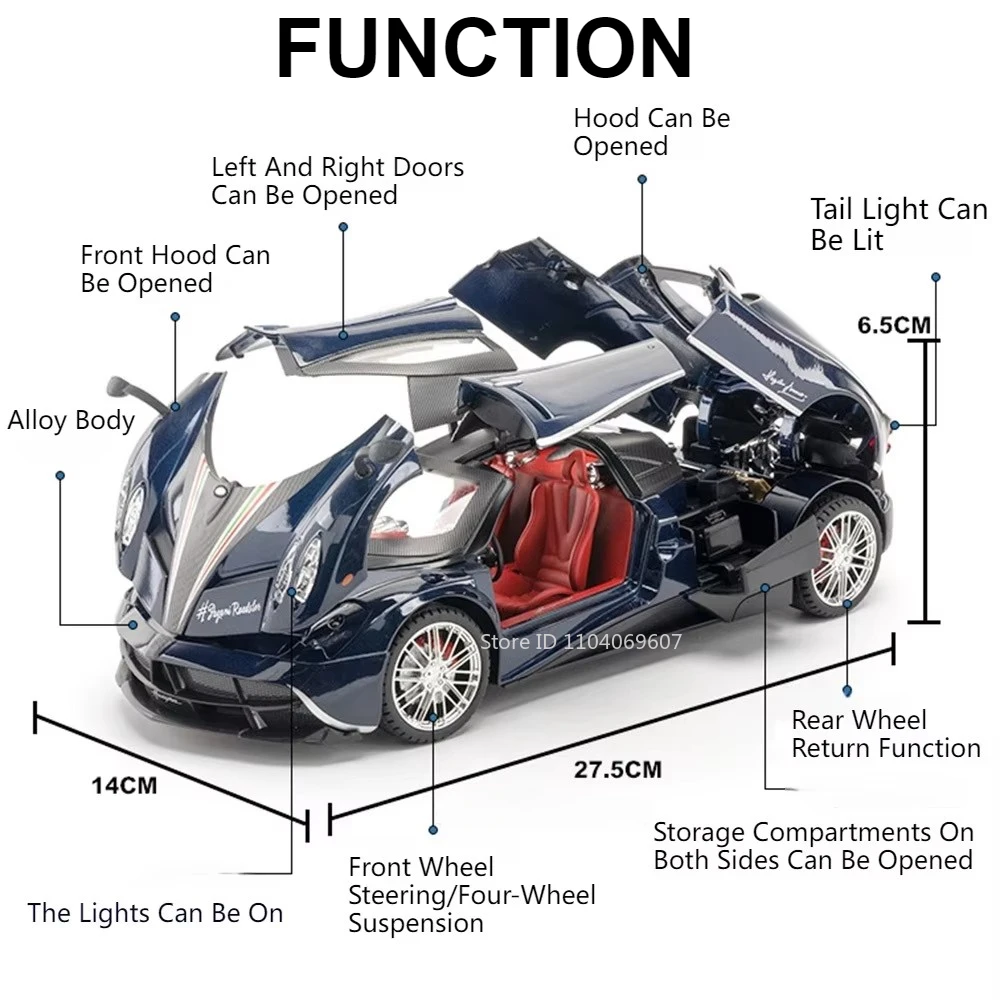 Large Size 1:18 Pagani Huayra Toy Model Car Diecast Alloy Sport Cars Sound Light Pull Back Shock Absorption Models Festival Gift