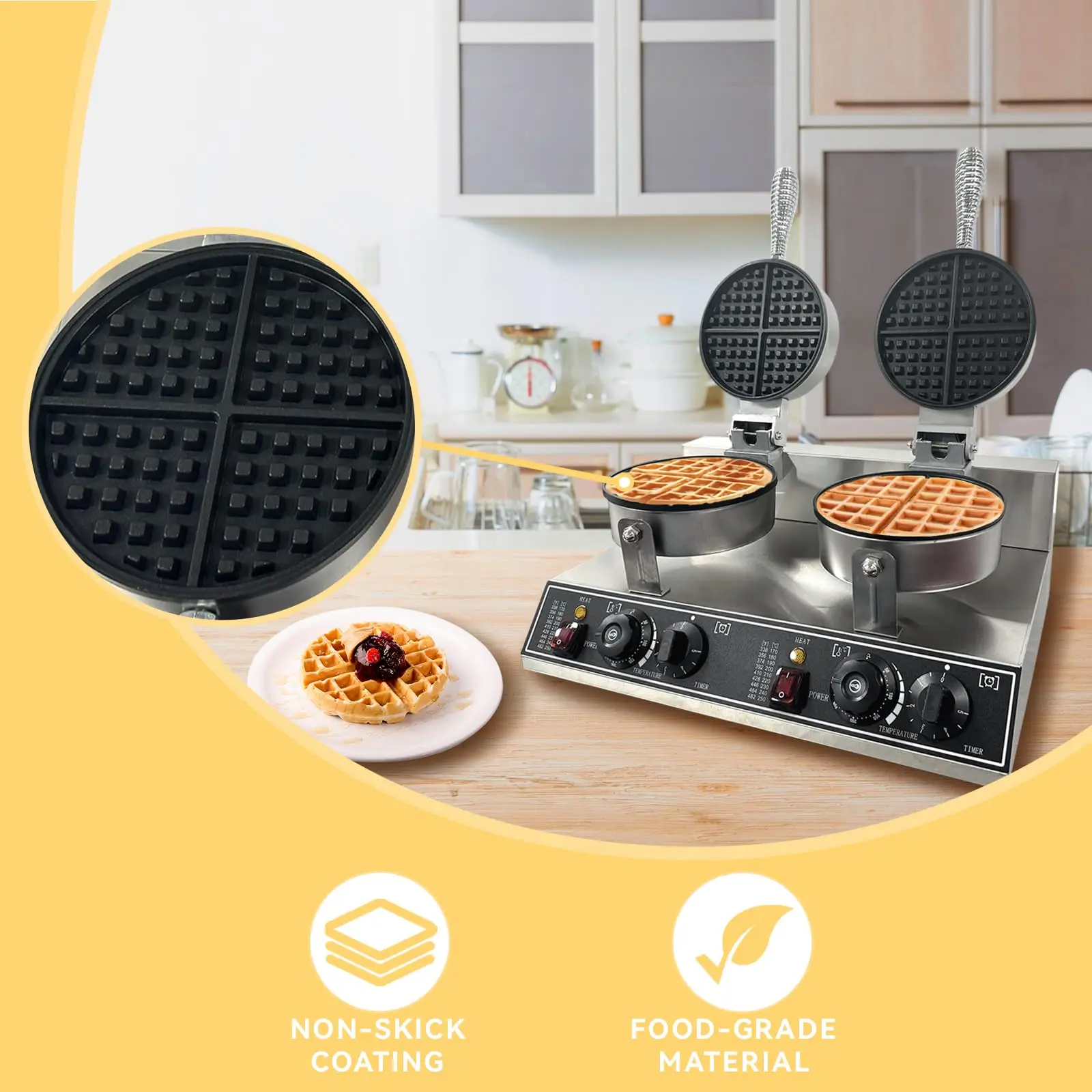 1200W/2400W Commercial Waffle Maker Machine 122℉-572℉ Precise Temp Time Control Nonstick Stainless Steel For Home Restaurant