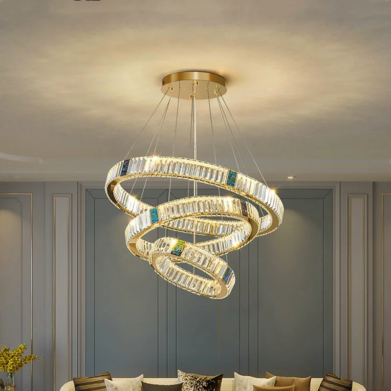 Modern Circular Crystal Chandelier Chrome-plated Ring LED Ceiling Chandelier Restaurant Kitchen Island Decoration Hanging Lamp