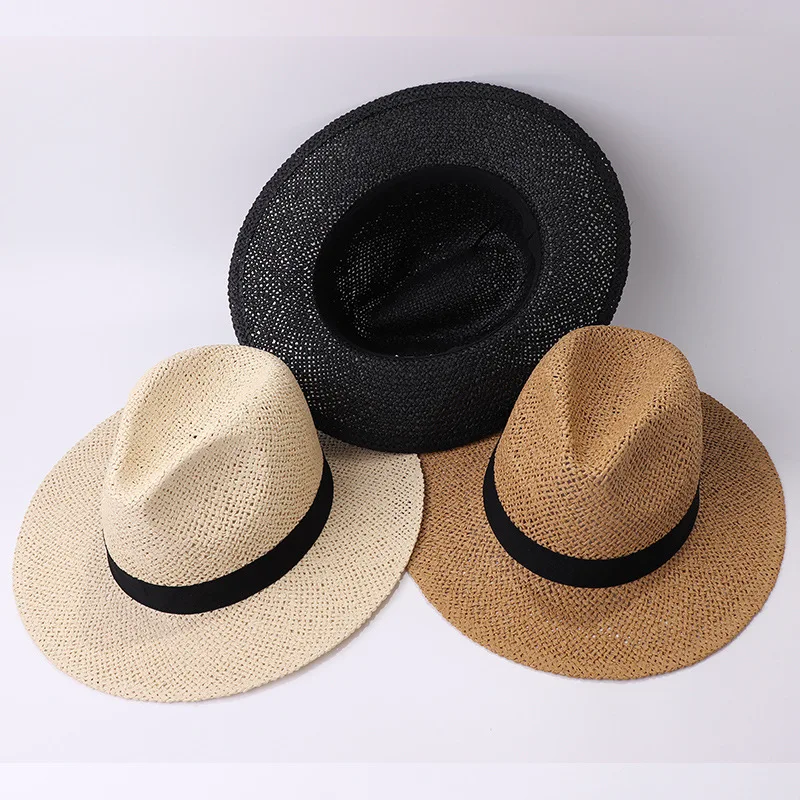 Black Ribbon Band Panama Hats Summer Women Sun Hat for Men Jazz Top Wide Brim Staw Beach Hat Derby Party Wedding Hat