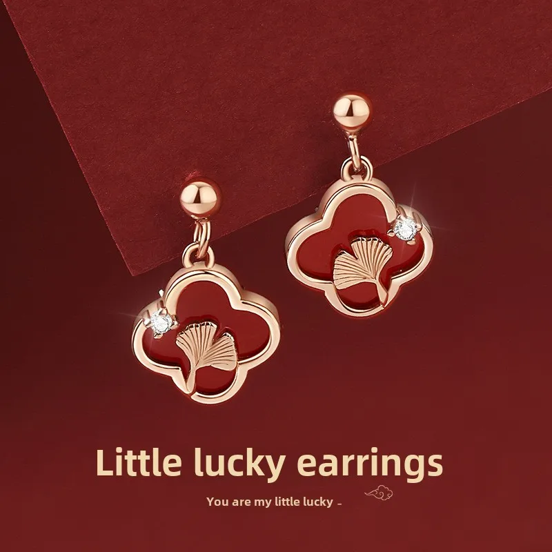 

Dawn's Jewel Red Agate Clover Small Lucky Stud Earrings Female 990 Pure Silver Retro Design Ginkgo Leaf