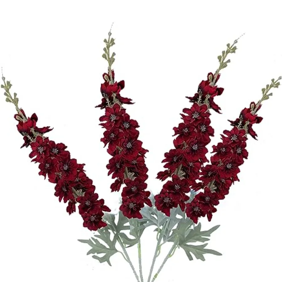 

4pcs Artificial Delphinium Flowers Burgundy Silk Flowers Bulk Silk Flowers for Home Garden Wedding Arrangement Table Vase Decor