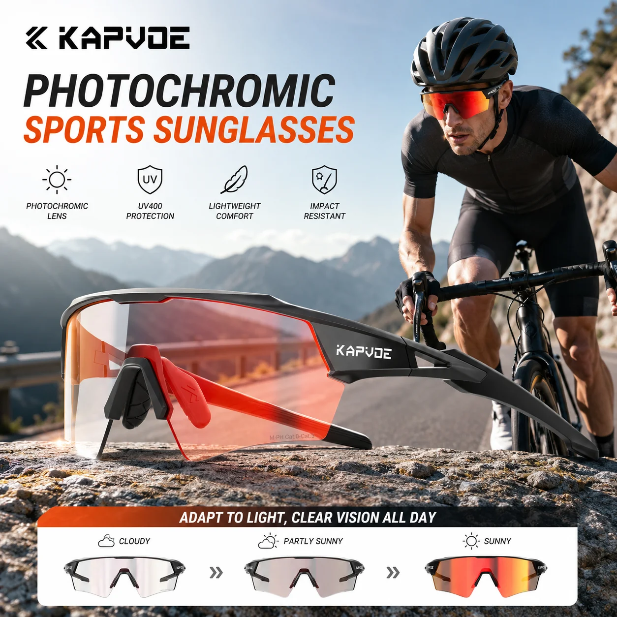 Kapvoe HD Photochromic Cycling Glasses Lighteight UV400 Sunglasses for Men Women Bike MTB Outdoor Eyewear Riding Driving Running