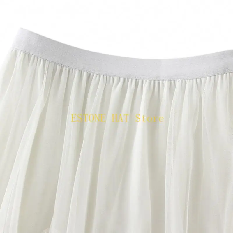 49MF กระโปรงเอวสูงแบบยางยืดสตรีมีชั้นไม่สมมาตร Hem จีบตาข่าย Tulle Midi กระโปรง