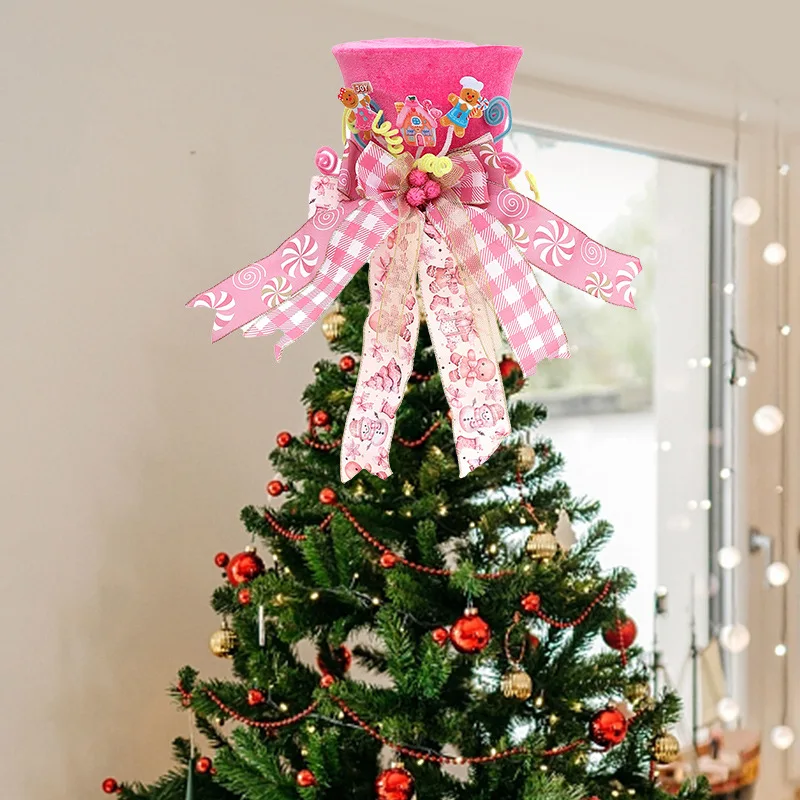 New Christmas Tree Top Hat Compressible Foldable Bow Pink Gingerbread Man Hat Christmas Tree Top Star Decoration