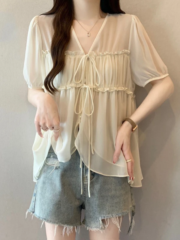 

V-Neck Short Sleeve Chiffon Shirt Women's Summer New Style Big Size Doll Shirt Korean Version Loose Fit Commute Wind Blouse