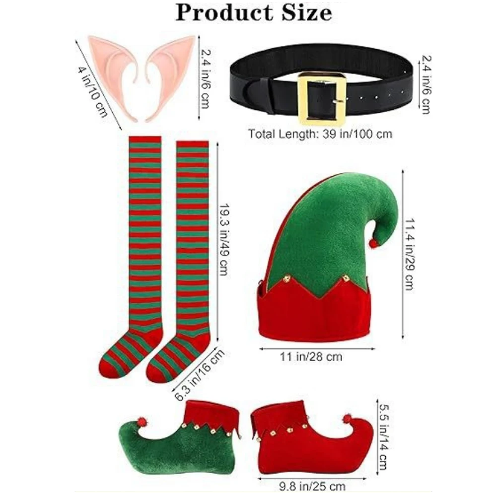 Meninos meninas bonito natal elfo traje conjunto de natal camisa superior com calças chapéu orelhas de silicone cinto meias e sapatos papai noel terno