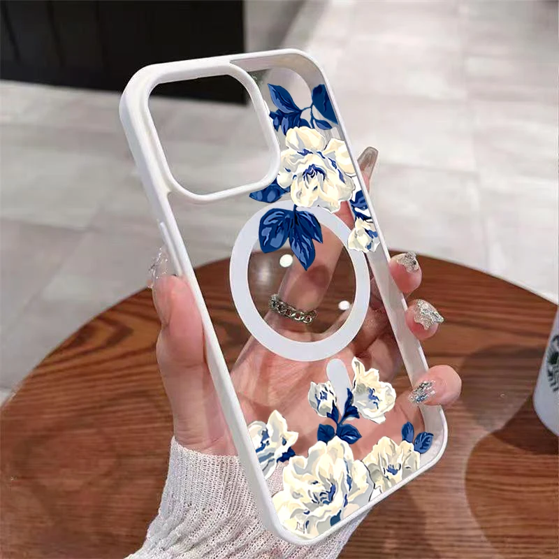 Funda magnética transparente con patrón de rosa blanca de noche para iPhone 17 16 15 14 13 12 Pro Max 15 16 Plus 17 Air 11 4