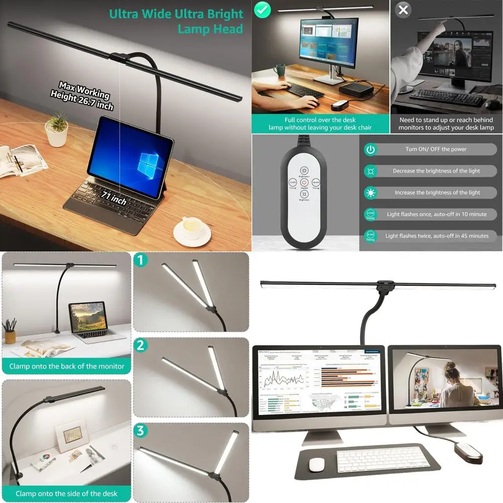 

Double-Head LED Task Lamp with Clamp, 4000K Neutral White, Dimmable, Flexible, Black for Home Office Use