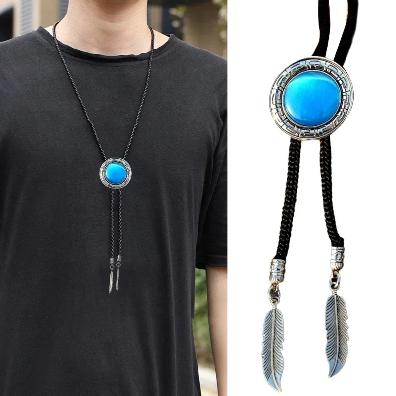 Bolo Tie for Men Western Cowboy Necktie with Carved Gemstones Buckle Gentleman Formal Meeting Costume Accessories R7RF