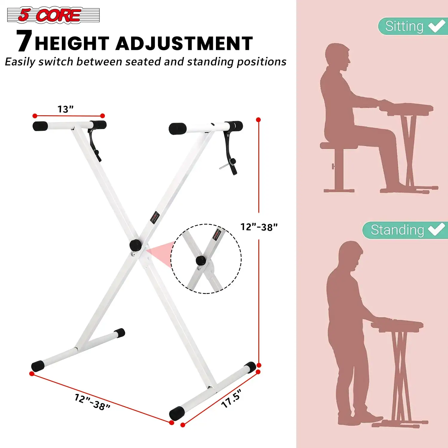 5 Core Keyboard Stand Single X Style Adjustable Piano Riser + Keyboard Piano Bench KS 1X WH+KBB 02 WH