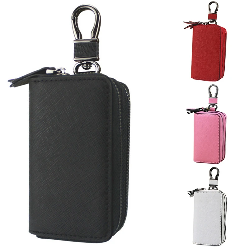 Cross Grain PU Leather Key Case Multifunctional Double-Layer Zipper Key Case Key