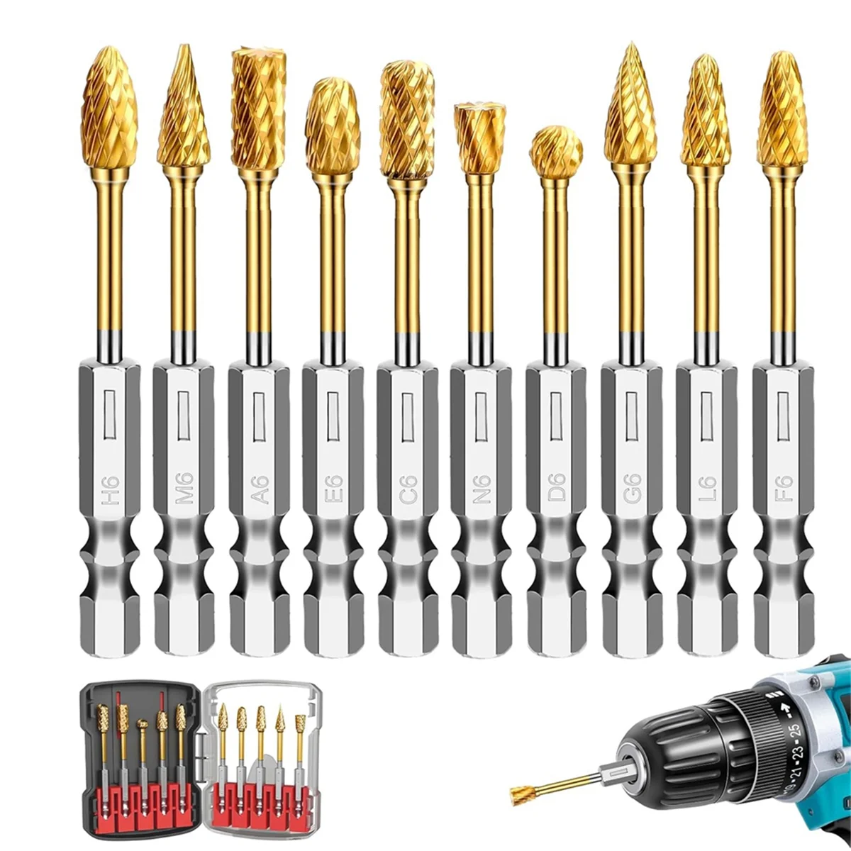 Y31A 10 Pcs 1/4Inch Carbide Burr Set, Double Cut Die Grinder Bits Rotary Burrs Tool Set with Box for Metal, Wood, Stone