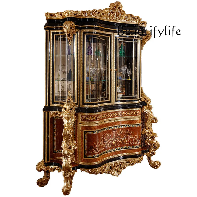 large apartment wine cabinet villa furniture dining room solid wood carving flower double door glass storage display