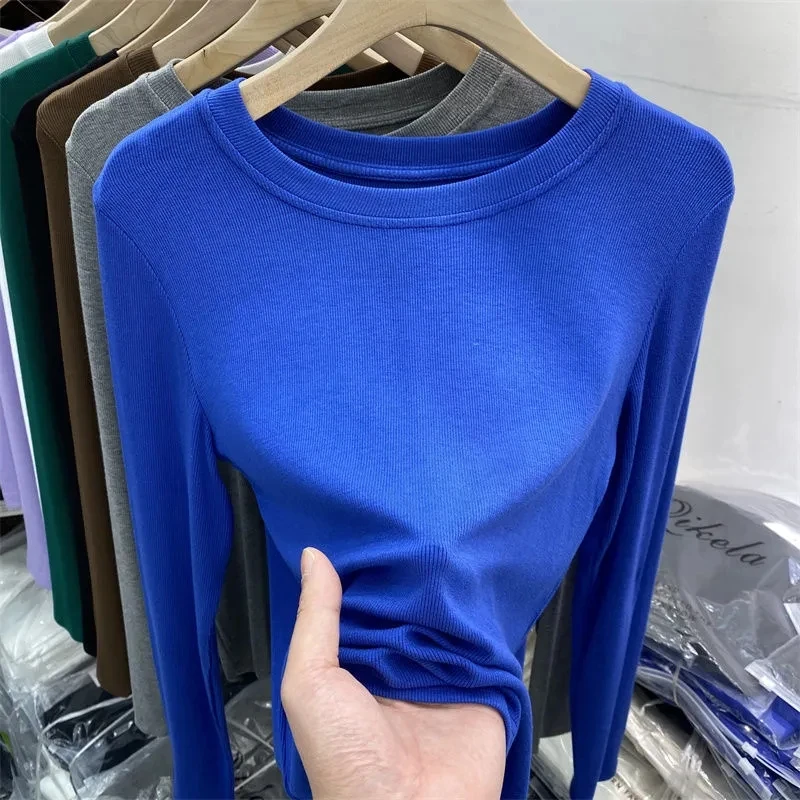 Moda coreana o-pescoço elasticidade camiseta mulher roupas topo fino feminino manga longa colheita das mulheres sexy elástico de fundo camisa topos