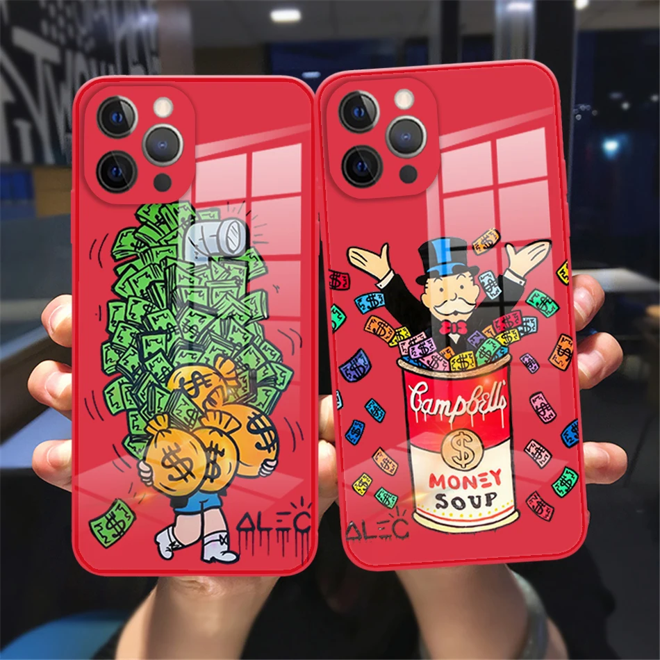 

Catoon Dollar Alec Monopoly Tempered Glass Phone Case For iPhone15 11 12 13 Pro Max 12 13 Mini Candy color Red reflective case