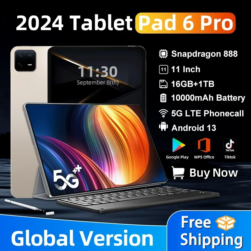 2024 oryginalna wersja globalna Pad 6 Pro Snapdragon 888 Android13 Tablet PC 10000mAh 12GB 512GB 11 cali HD 4K 5G ekran WIFI