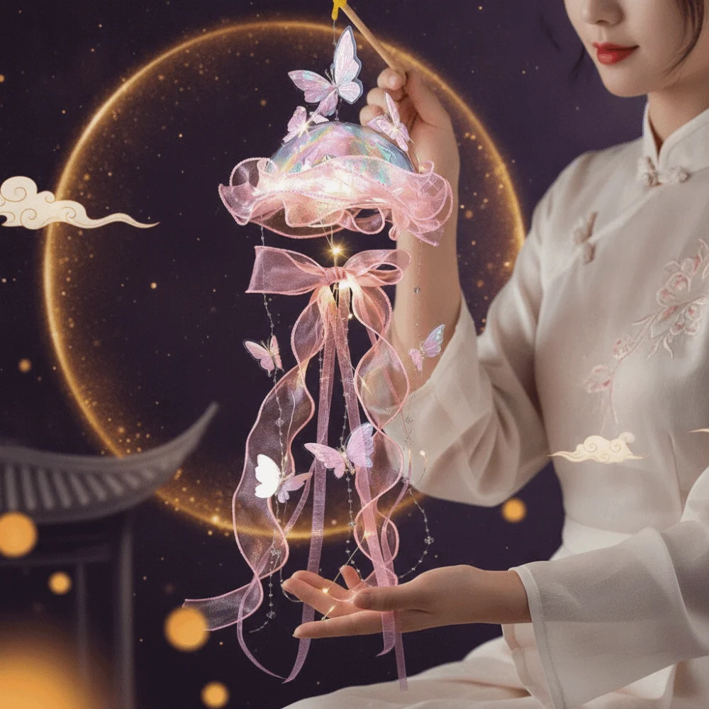 

Handmade Jellyfish Lantern Luminous Dreamy Style Butterfly Lamp Beaded Tassel Eco-Friendly Handheld Light Photoshoot Decor