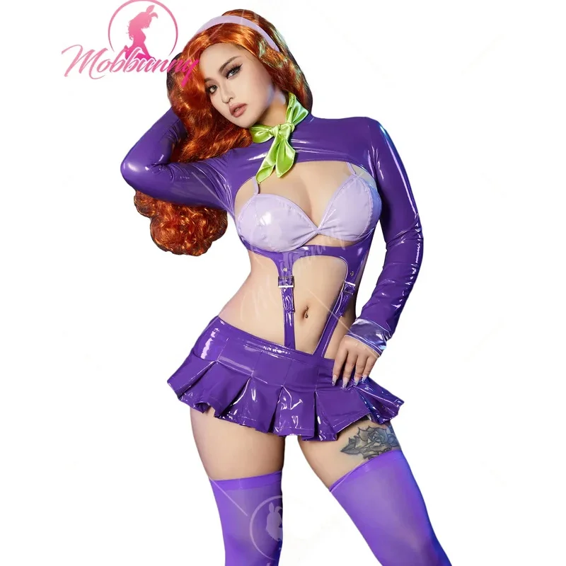 

LCK01 Mobbunny Women Lingerie Outfit Purple Hollow Bodysuit and Long Sleeves Crop Top with Bra SkirtYh1@！