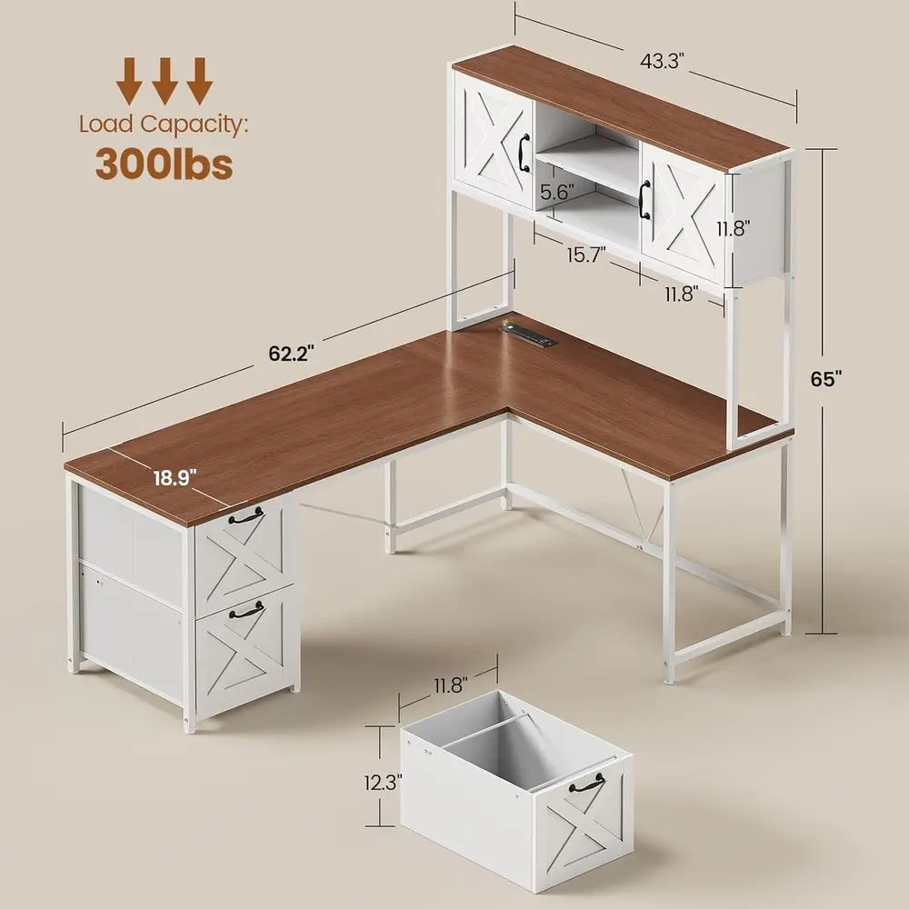 L Shaped Desk with Hutch, Reversible 86.6 Computer Desk with Drawers and Power Outlet for Home Office/Two Person, Desk with LED