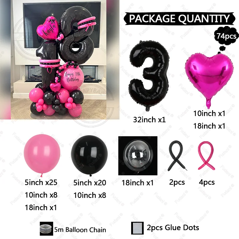 Black Balloons Garland Hot Pink Balloon Arch Kit Birthday Party Baby Shower New Year Wedding Anniversary Decoration Globos Set view 6